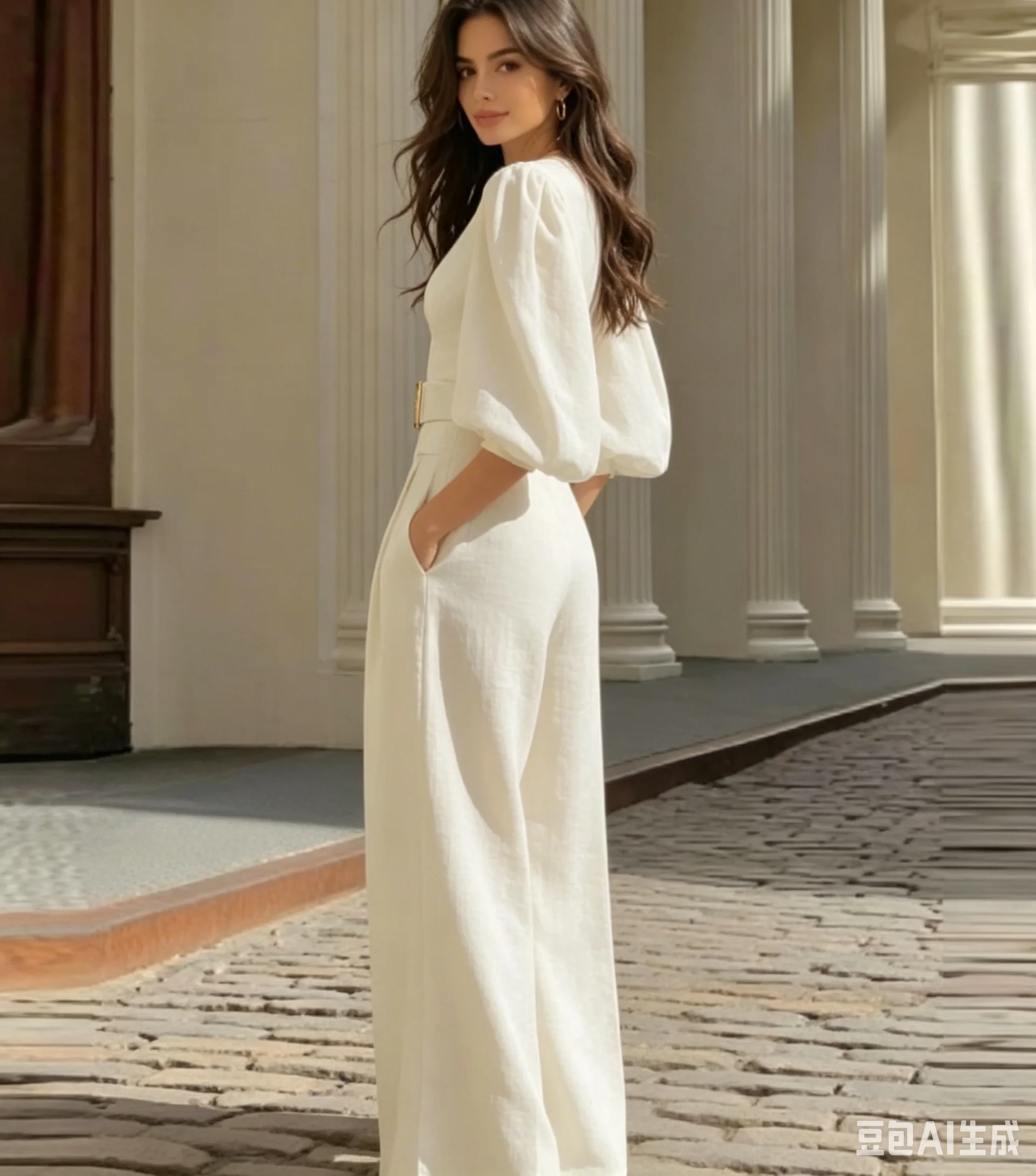 

Women's New White V Neck Puff Sleeve Belt Cinch Waist Wide Leg Jumpsuit Pockets Spring Summer Fashion Casual Party Jumpsuit