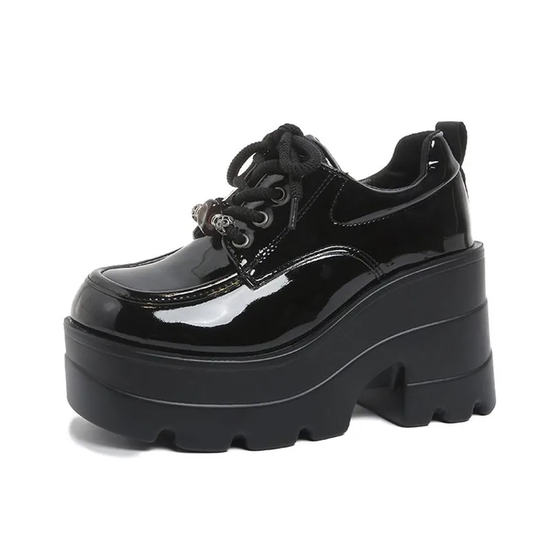 8.5cm Spring New Women's Shoes Heavy Metal Thick Bottom High Top Punk Leather Shoes Gothic Dark Motorcycle Boots Trend Sneakers