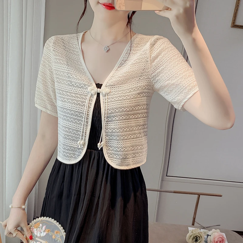 

New Chinese Style Short Sleeve Lace Shirt Women's Summer Top Buttoned Shawl with Strap Vest Outer Sun Protection Cotton Blend