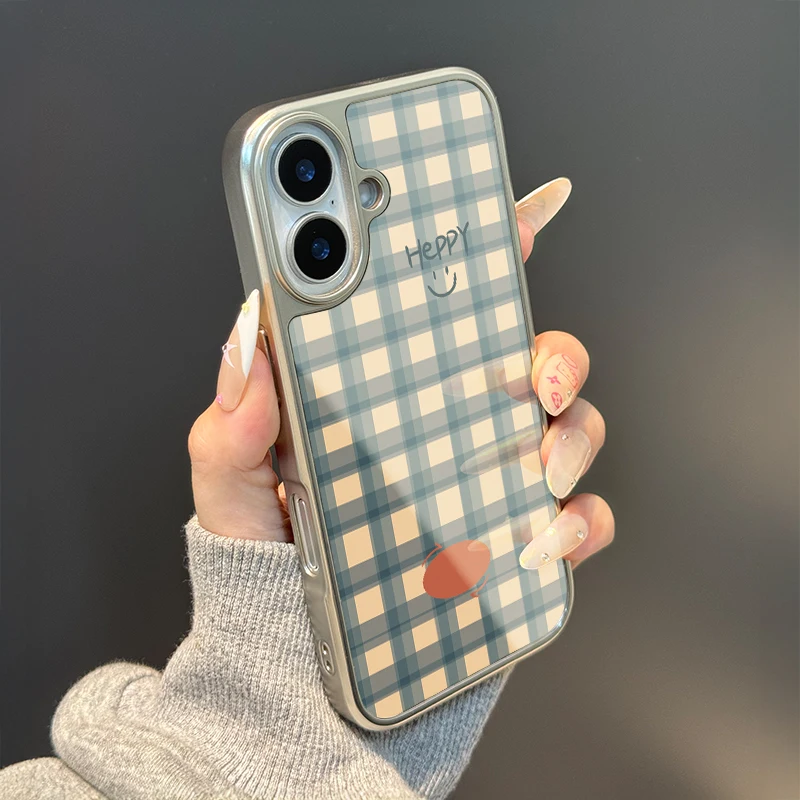 Coque de téléphone Anti-chute en TPU époxy, visage souriant heureux avec bord argenté à carreaux bleus, pour iPhone XR/11/12/13/14/15/16/17 Pro Max