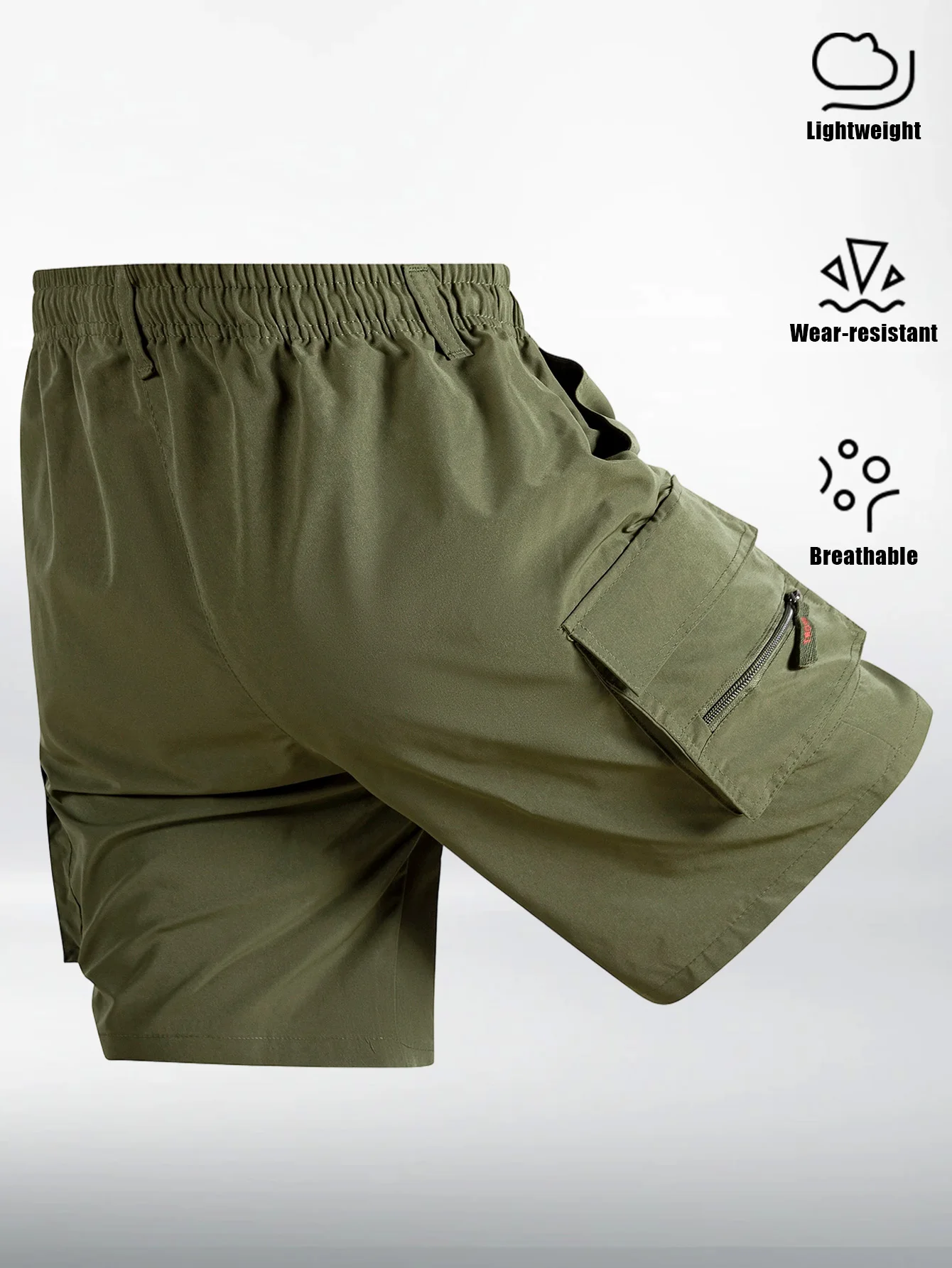 Gerade geschnittene Cargo-Shorts für Herren, leicht, atmungsaktiv, einfarbig, Kordelzug an der Taille mit Reißverschlusstaschen, lässige Sommer-Shorts – Detail 12