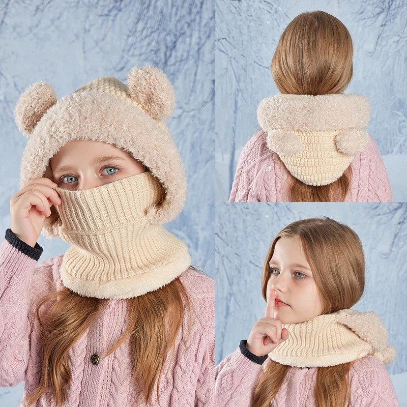 

Child Hat Winter Warm Children Bear Hat Velvet Knitted Woolen Balaclava Hat Ear Protection Fluffy Hat Hooded Neck Warmer Outdoor