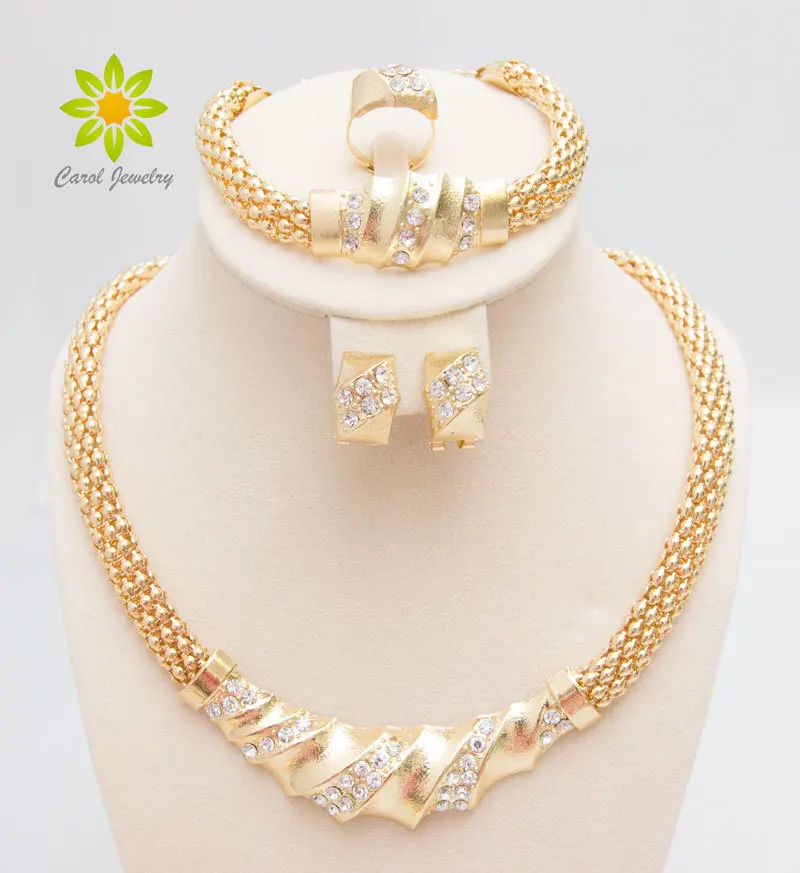 Free Shipping African Gold Color Charming Fashion Romantic Bridal Fashion Necklace Crystal Vintage Women Costume Jewlery Sets