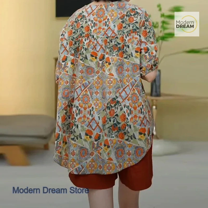 French style design floral age-reducing light luxury round neck shirt women's summer new fashion plus size loose slim cover top