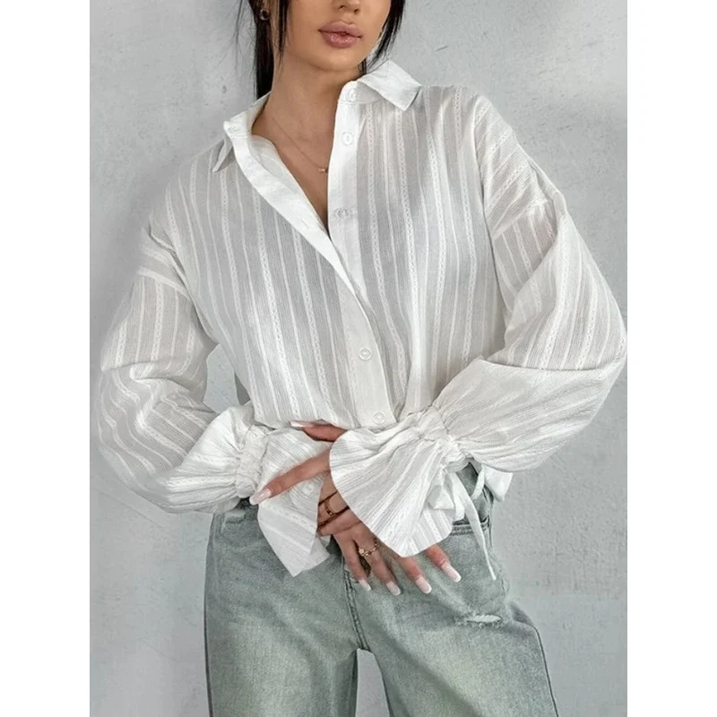 Casual Loose Flare Sleeves Shirts Women Fashion White Basic Cotton Lapel Single-breasted Oversize Blouse 2026 New Classic Tops