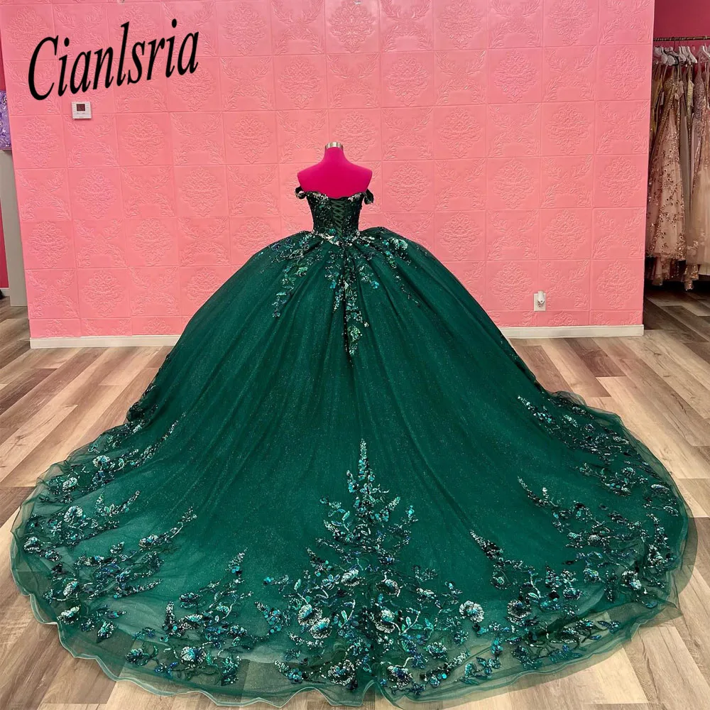 Gaun manik-manik hijau gaun pesta putri 15 tahun gaun Quinceanera gaun mewah applique Vestidos De 15 a00os