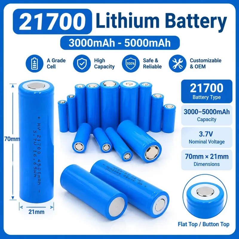 100PCS For 21700 Lithium Battery Flat Head Cylindrical 3.7V Rechargeable Cell for Digital Products High Capacity Power Source