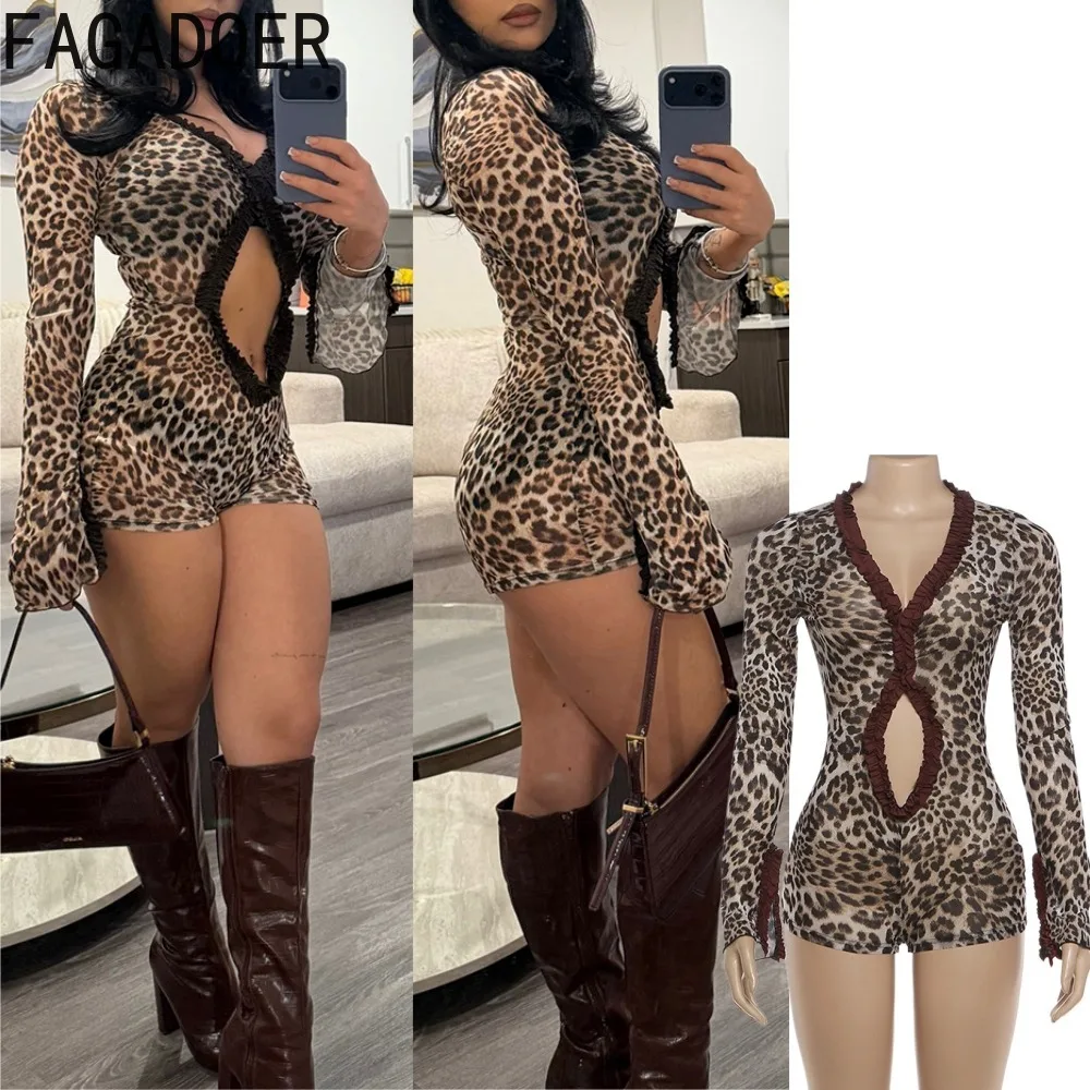 

FAGADOER Sexy Leopard Print Streetwear Rompers Woman Hollow-out See Through Bodycon Jumpsuits Female Ruched Patchwork Overalls
