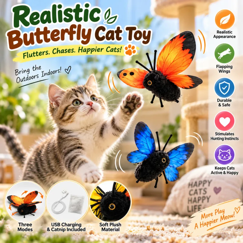 Automatic Interactive Pet Teaser Toy, Plush Simulated Flying Insect Wand Indoor Cat Exercise Toy Pet Y2K Birthday Holiday Gift