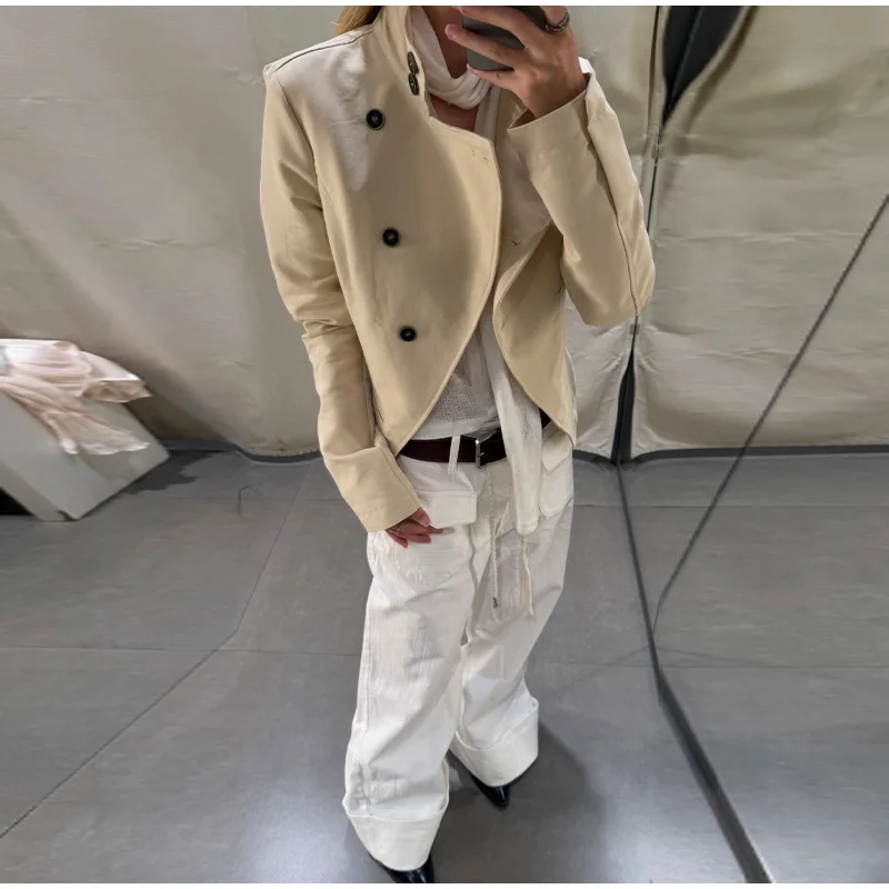 Damenmäntel mit Stehkragen, seitlicher Knopfleiste, einreihig, kurze Anzugjacke, Herbst, Bürodamen, langärmelig, schmaler Schnitt, neue Oberbekleidung – Detail 4