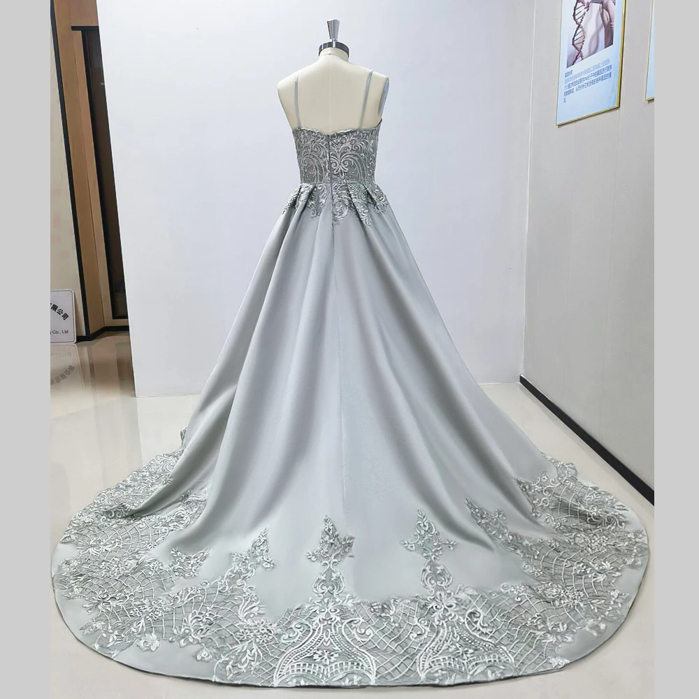 2024 Royal Silver High Low Lace Prom Dresses Appliques Pearls Long Gowns Ruffles Beaded Formal Party Evening Dresse for Women