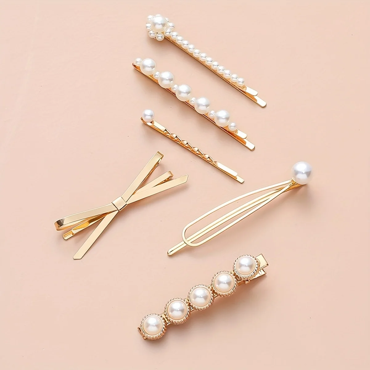 Metal bow pearl hair clip 6 pack