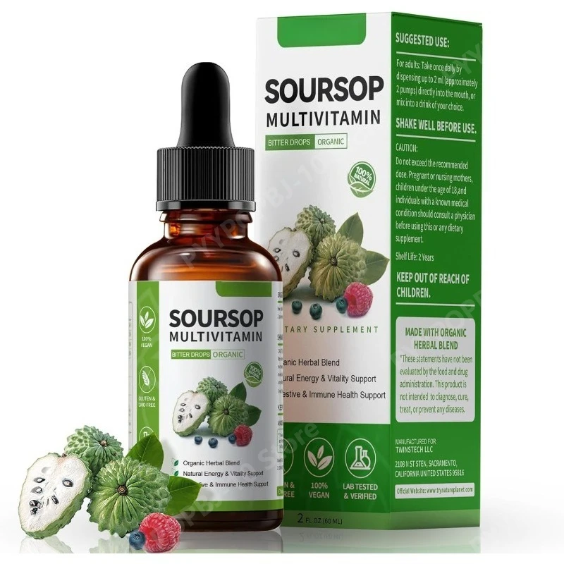 

Graviola Soursop Bitters Liquid Drops, 5000mg Fruit Leaf Extract + 10 Botanicals for Immune Support Digestive Health Vegan