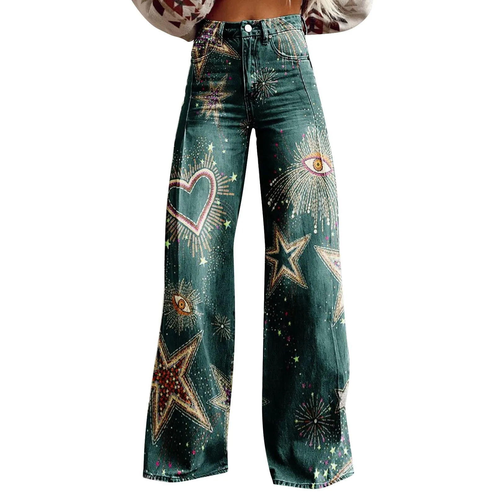 

Women's wide-leg flared pants with loose vintage-style printed pockets and high-waisted long pants for women