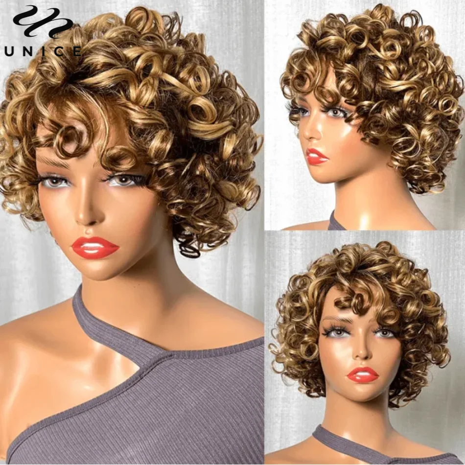 UNice Hair Blonde Curly Wig 100% Human Hair Bouncy Curly Wig with Bangs Open Cap Machine Wigs for Women 8Inch Short Afro Wig