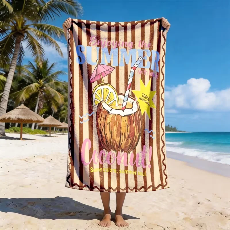 Summer Coconut Cocktail Print Beach Towel Quick Dry Sandproof Absorbent Towel for Swimming Pool Camping Travel Holiday
