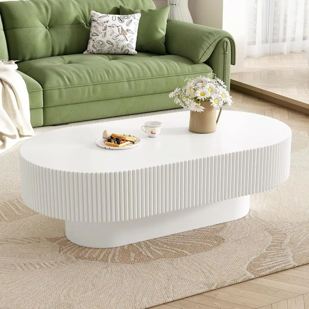 White Modern Oval Coffee Table with Pedestal Base for Living Room and Home Office, Easy Assembly, 43.3