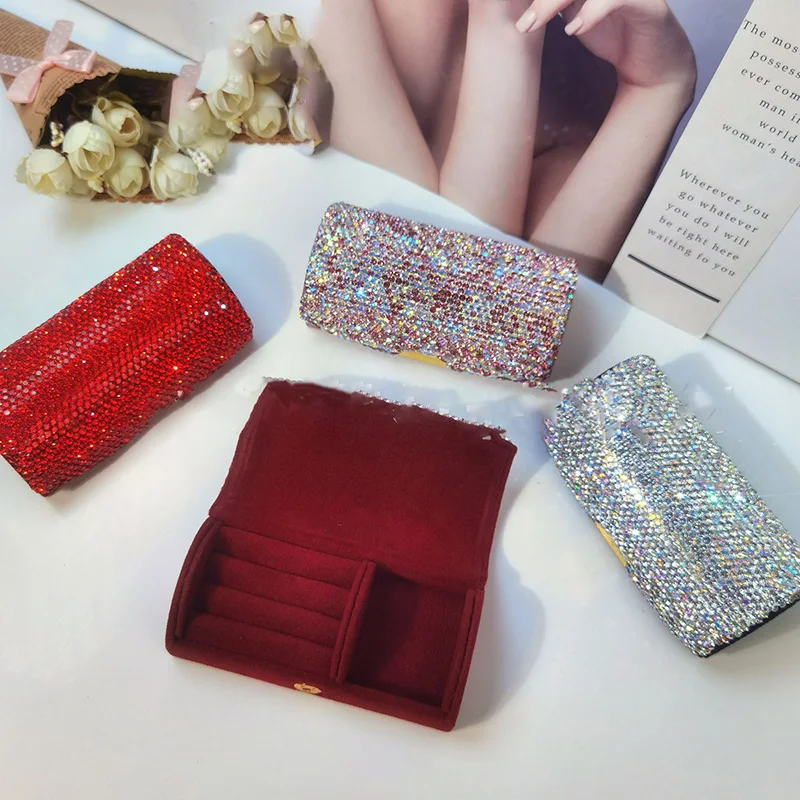 

Mini Diamond Jewelry Storage Box Sparkling Rhinestone Ring Necklace Jewelry Box Portable Travel Earring Makeup Organization