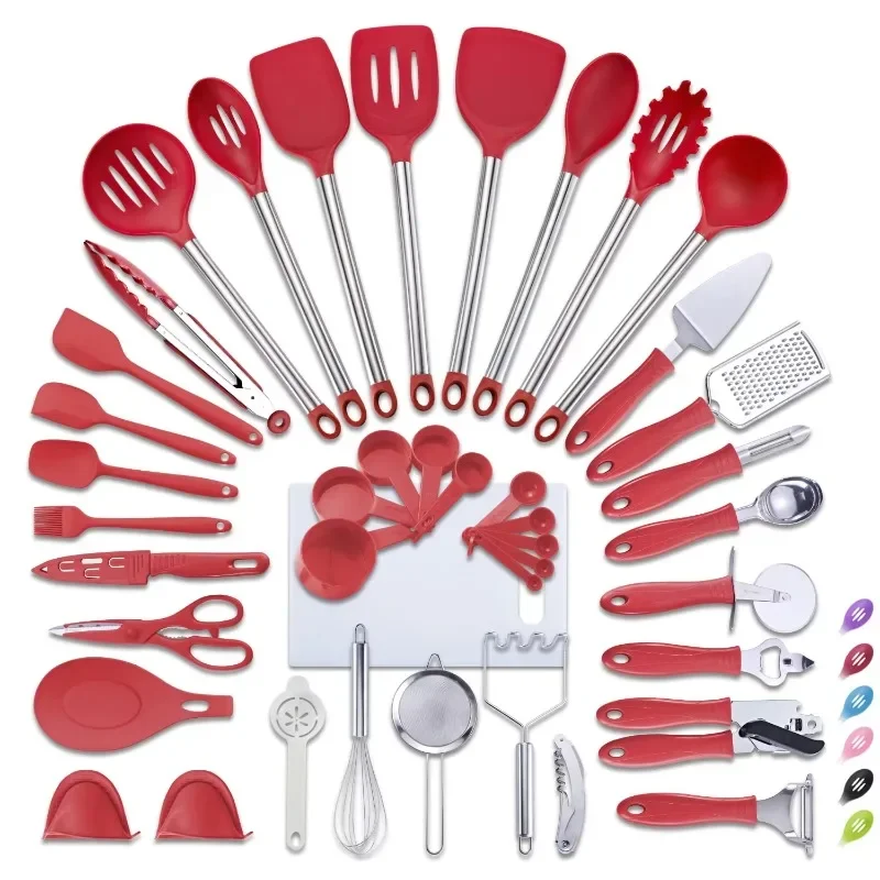 42 Pcs Modern Red Stainless Steel Gadgets Silicone Kitchen Tools Spatula Non stick Cooking Utensil Set