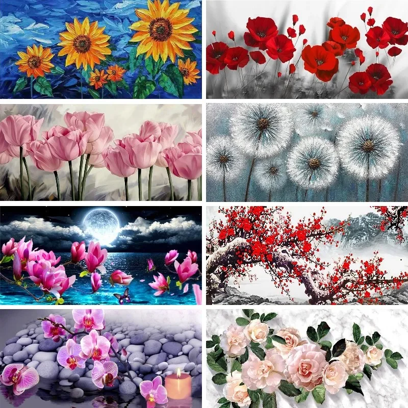 Blossom Tulips Orchids Poppies Flower 5d Diy Diamond Painting Large Size Diamond Art Floral Landscape Living Room Decor Painting