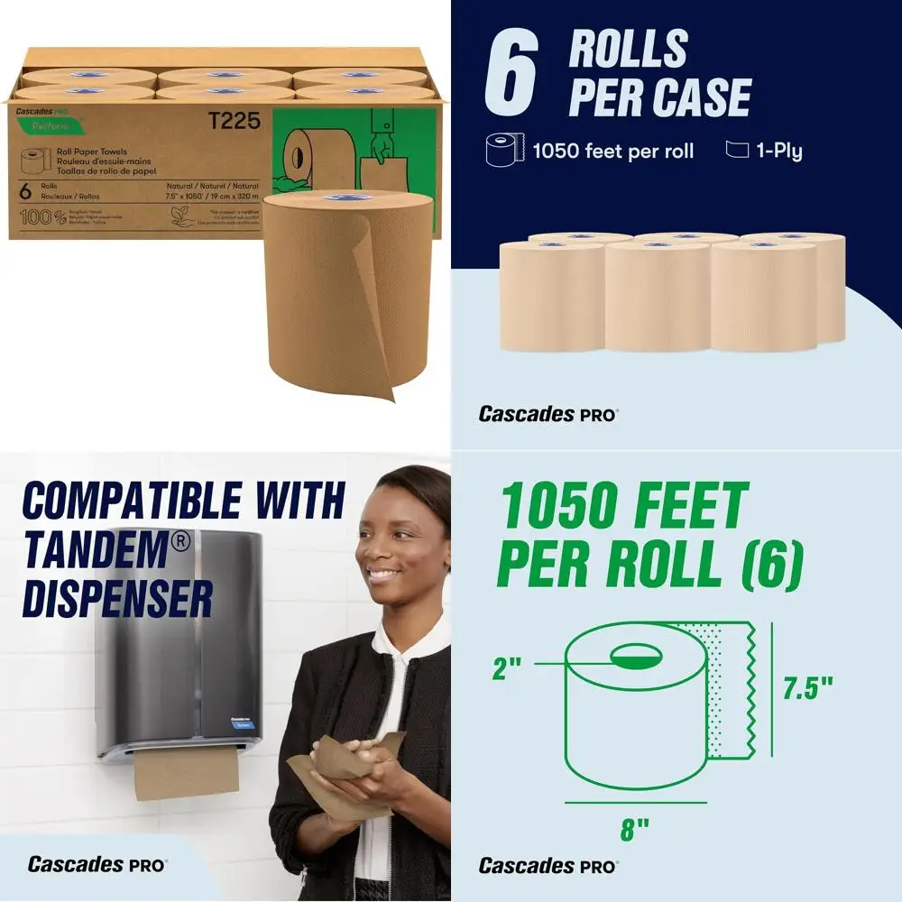 

Recycled 1-Ply Compostable Paper Towel Rolls, 1050 ft/roll, Long-Lasting, 6 Rolls per Case, Natural Brown