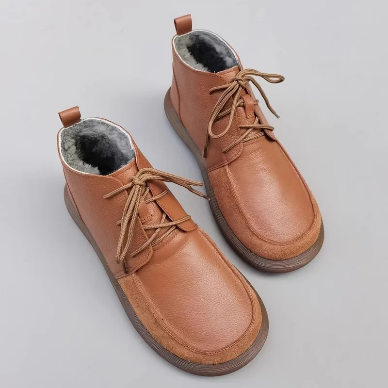 Winter Boots Sheepskin Fur Women\'s Wide Toe Men\'s Shoes Genuine Leather Natural Wool High-top Non-slip size 43 Snow Short Boots
