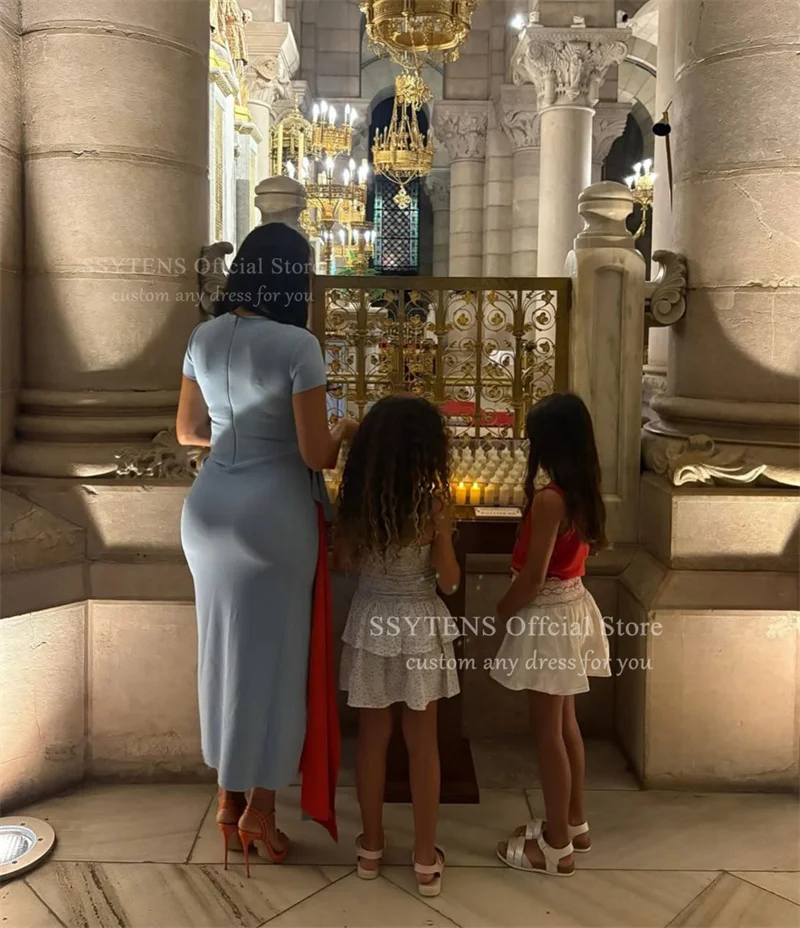 SSYTENS – robe de soirée élégante en crêpe bleue, longueur cheville, arabe saoudien, manches courtes, robes de soirée formelles personnalisées