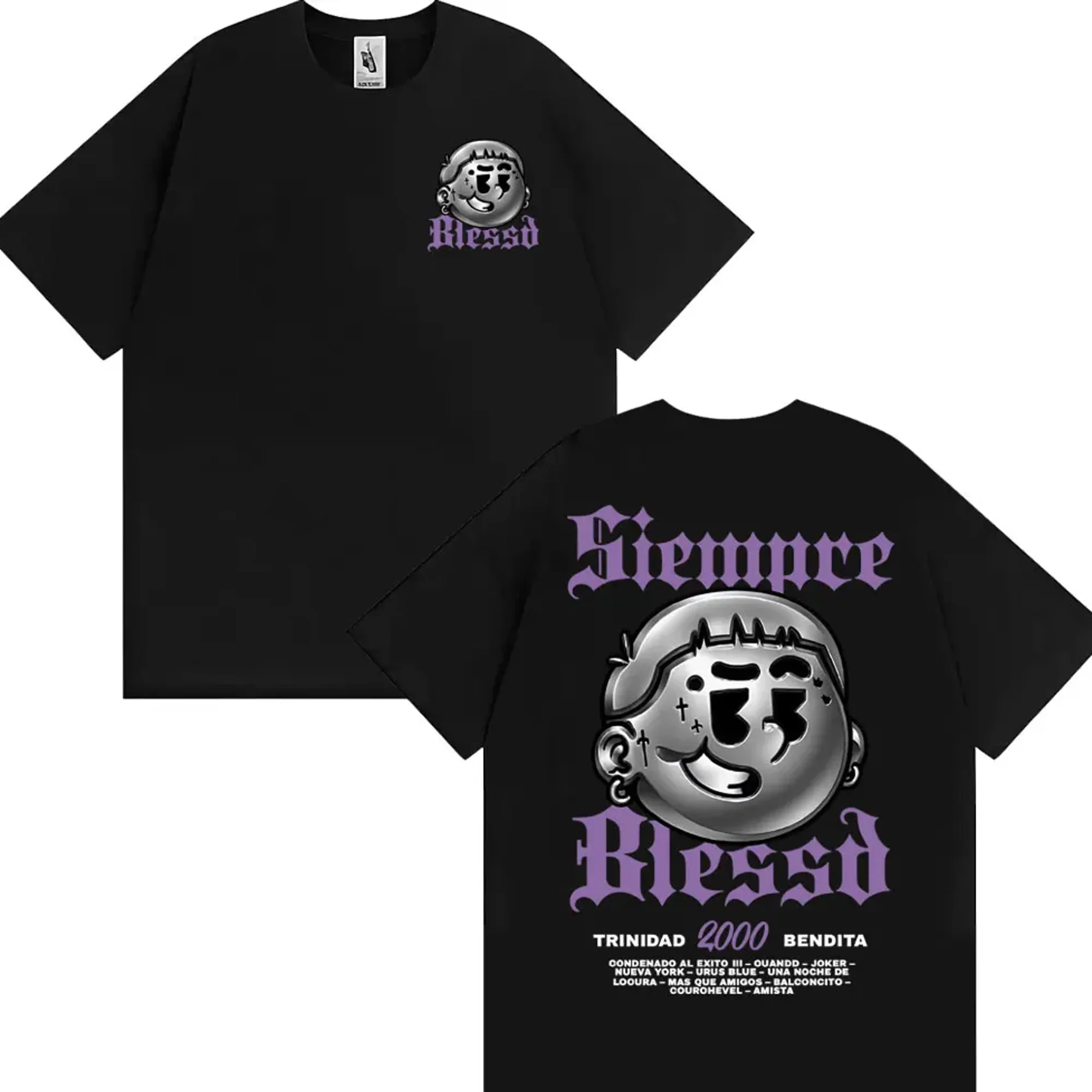 T-shirt noir avec design graphique et texte « Always Blessed 2000 Blessed Trinity », imprimé métallique, style urbain, streetwear, unisexe, coupe oversize, décontracté, cadeau original pour les fans