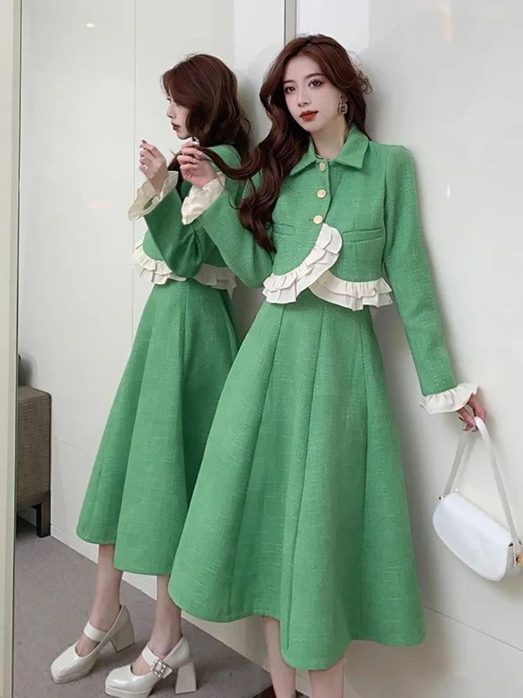 

Women Two piece Set Korean Chic French Temperament Button Puff Sleeve Short Jacket + High Waist Swing Skirt Suits