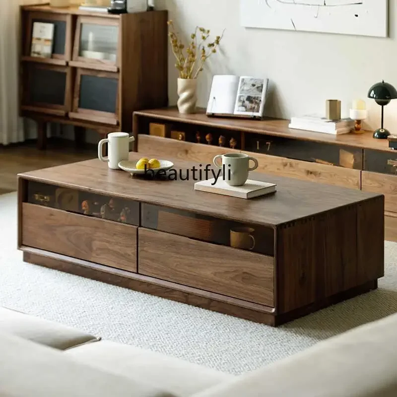 

a26 North American black walnut coffee table TV cabinet combination glass all solid wood coffee table living room