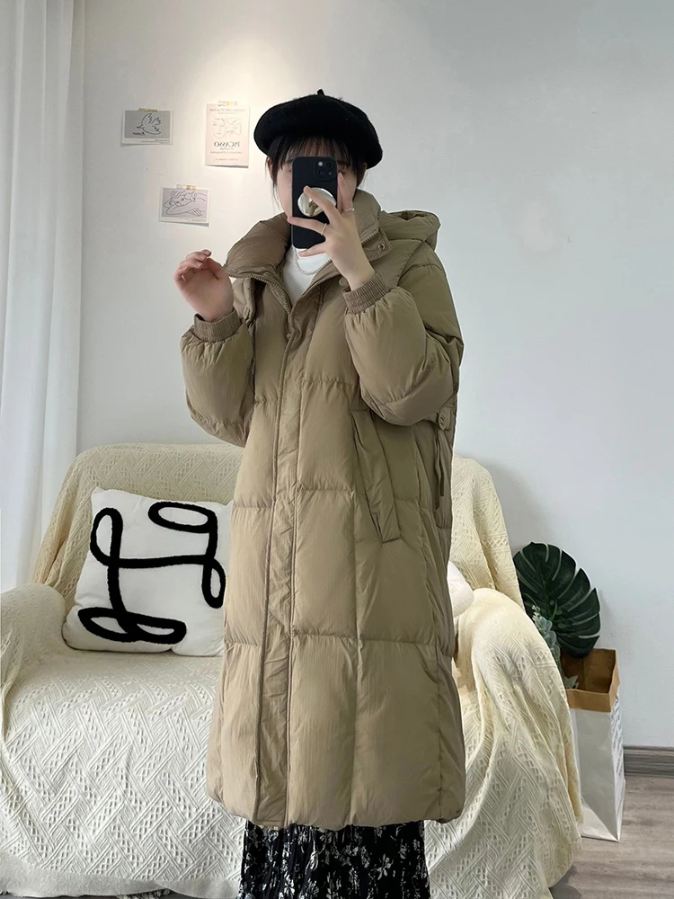 Winter Long Solid Puff Hooded Down Jacket Women White Duck Down Thick Down Jackets Female Warm Loose Parker Knee Length Outwears