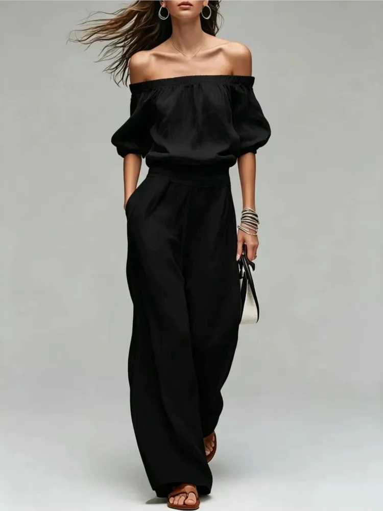 Summer New One-shoulder Waist Top + Wide-leg Pants Set Elegant And Fashionable Solid Color Casual Holiday Party 2-piece Set - view 2
