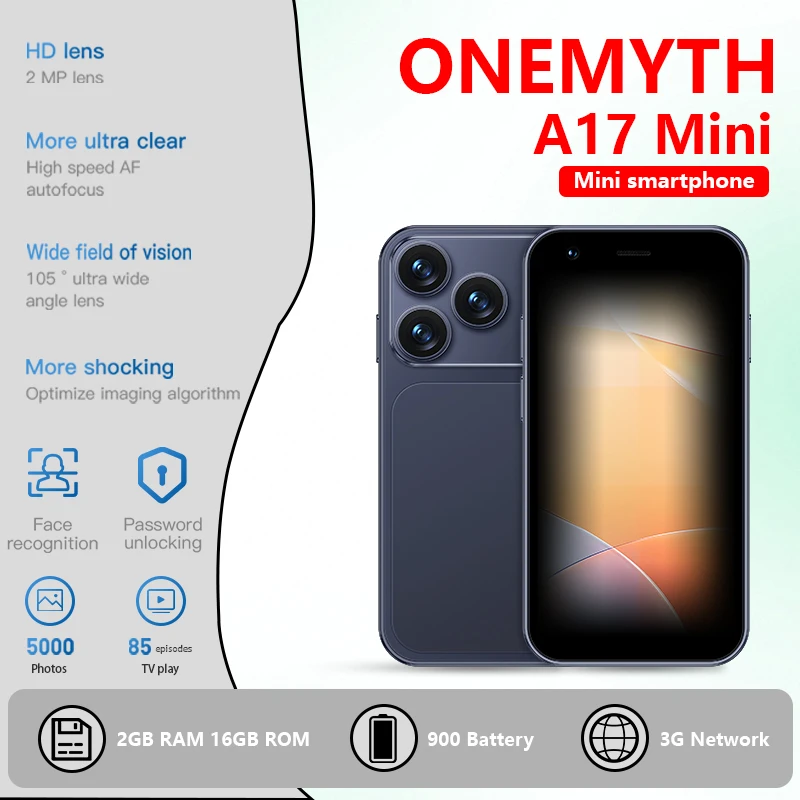 ONEMYTH A17 MINI 3G, a mini smartphone with Android system, 2GB RAM + 16GB storage space, and a 3.0-inch small screen