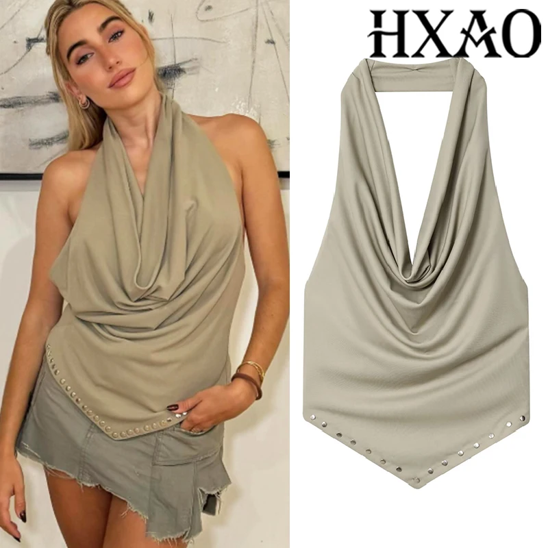 HXAO Halter Crop Top Women Tanks & Camis Sleeveless Bustier Tank Tops For Woman Ruched Studded Vacation Top Backless Sexy Tops