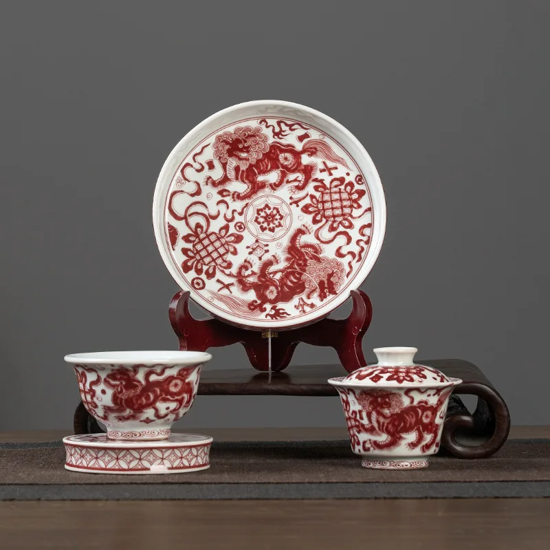 High Quality Blue and White Porcelain Glazed Red KIRIN Pattern Cover Teacup 4-Piece Set Chinese High-End Small