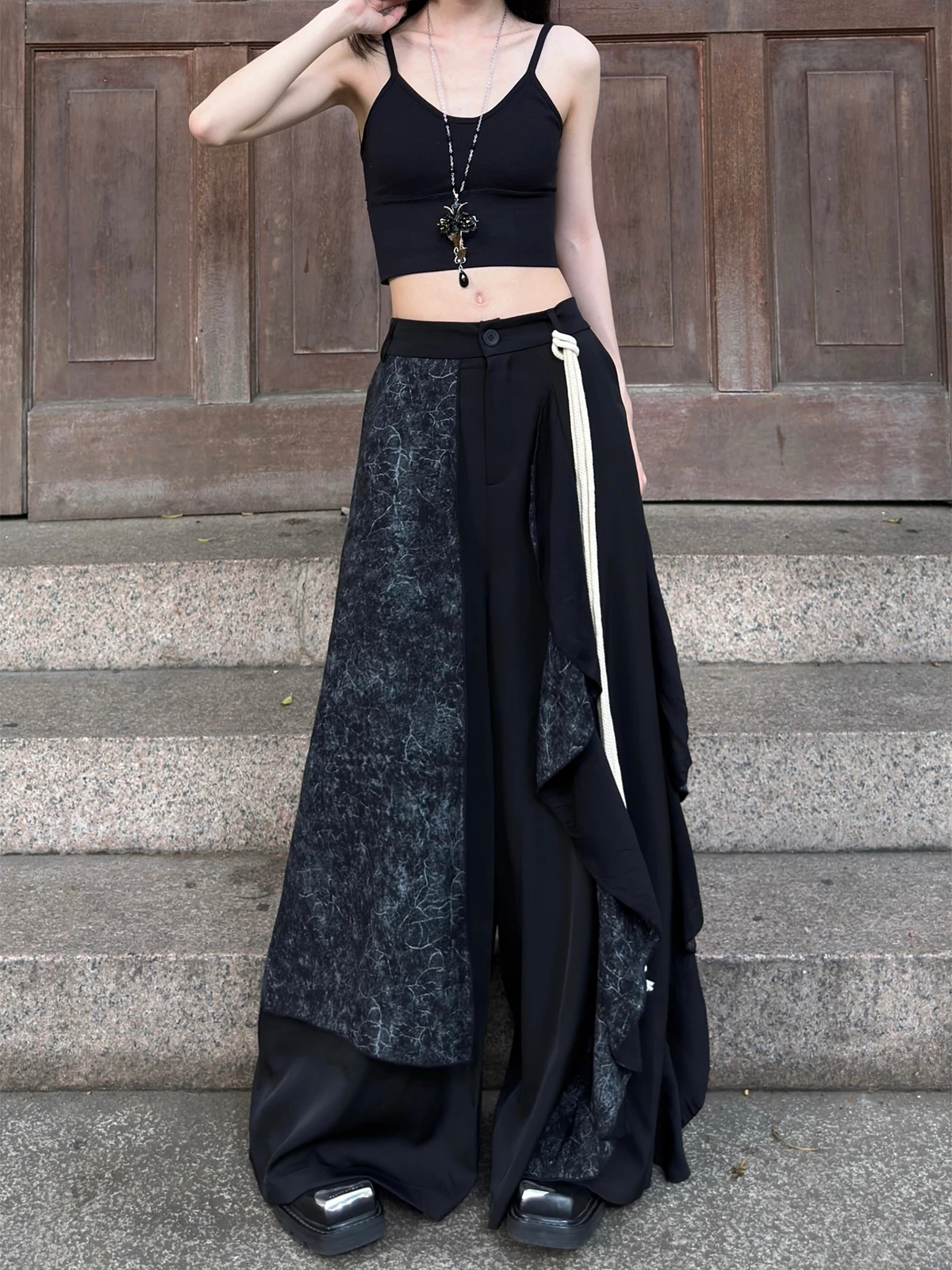 

New Chinese Sle High Waist Wide Leg Pants Double Layer Asymmetrical Original Design Spring Thin Original Design Skirt Pants