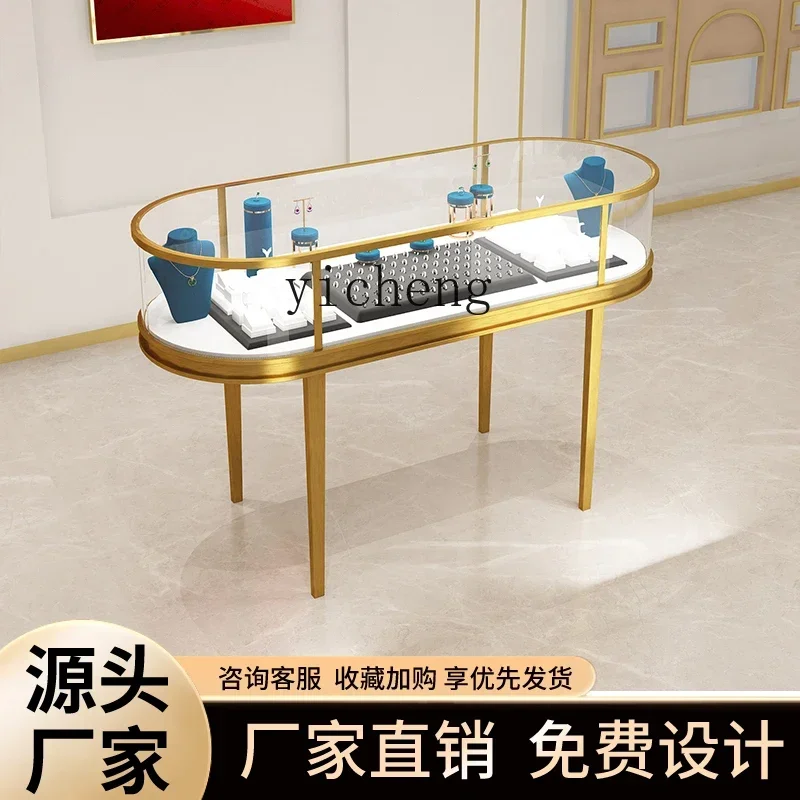 a4 Display Cabinet Oval Curved Stainless Steel Gold Jade Jewelry Display Counter