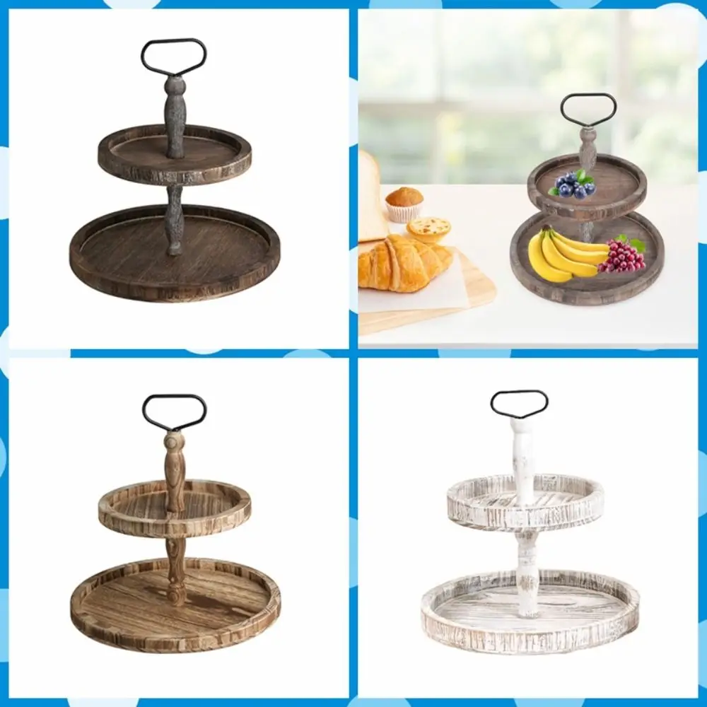 

Fruit Rack Round 2-layer Wooden Cake Tray Good Load-bearing Retro Style Serving Trays with Handle Dessert Stand Sundries Sorting