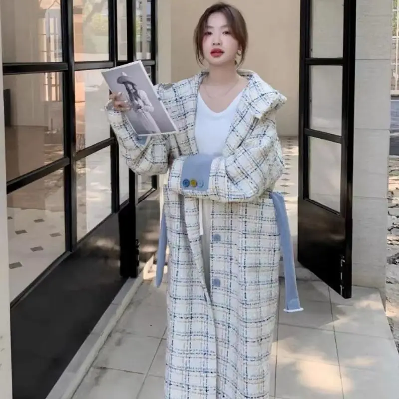 College Style Fashion Plaid Hooded Woolen Jackets Women's Autumn and Winter Long Knee Cape Woolen Coat