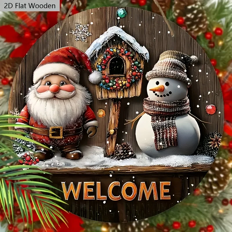 2D Flat Style, 1pc Rustic Wooden Christmas Decor Plaque And Slogan, Includes Santa Claus And Snowman Patterns (Artificial Flower