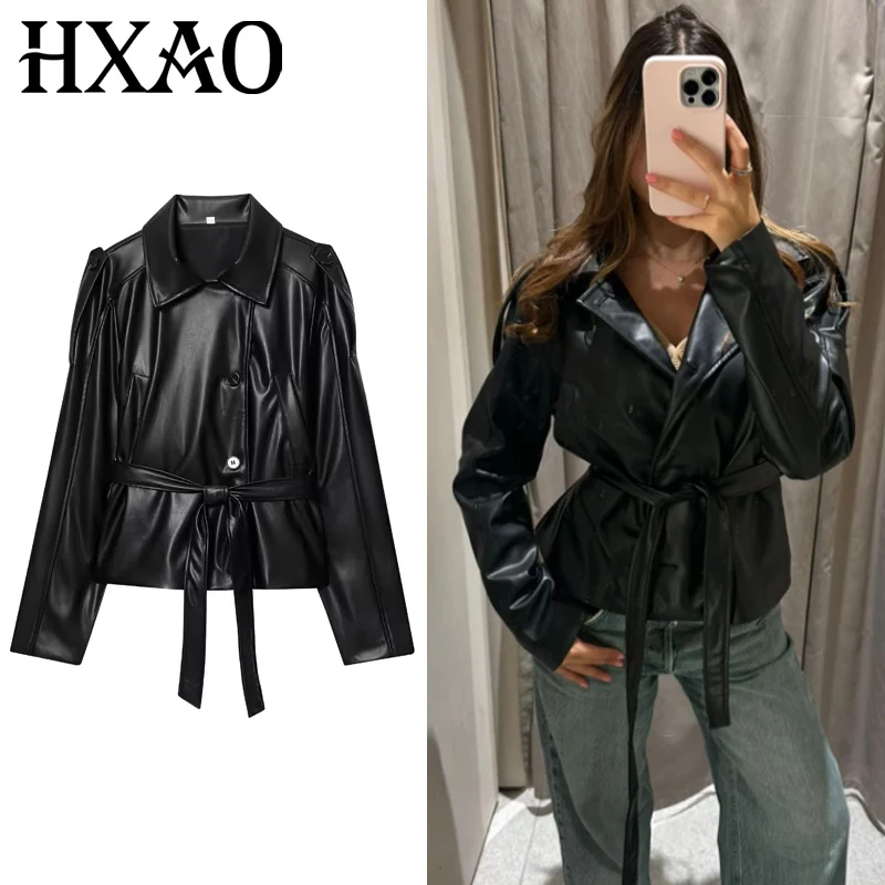 

HXAO Черная кожаная куртка Женские куртки Новые пальто и куртки Шикарный укороченный пояс Куртка с длинным рукавом Мотобайкерская верхняя одежда на пуговицах