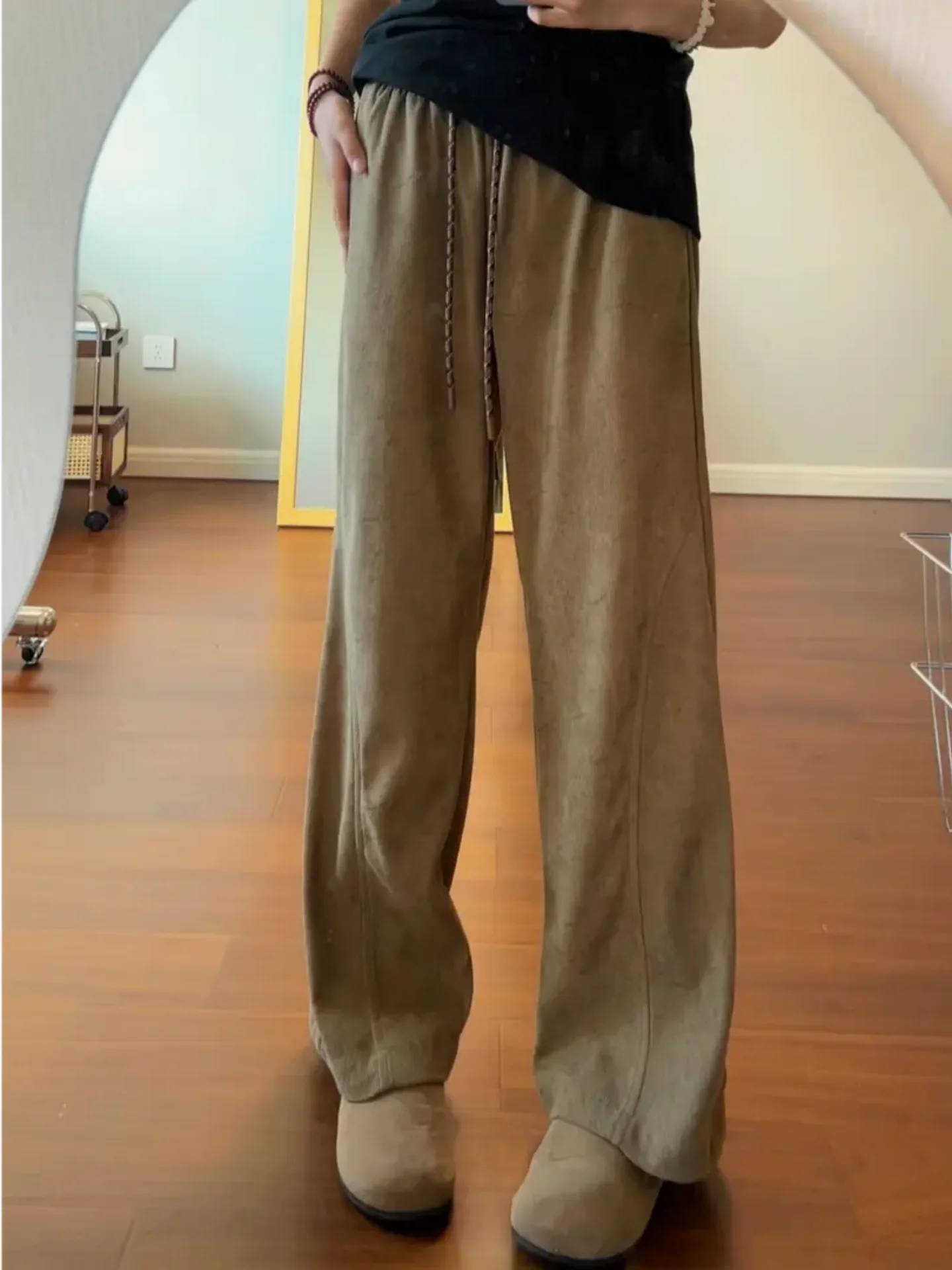 Vintage Corduroy Casual Pants Men's Slanted Cut Straight Leg Loose Dark Pattern Embroidery Casual Pants mid Waist Rope Door