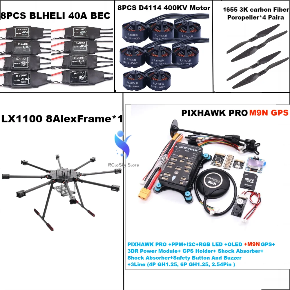 LX1100 tout en Fiber de carbone 1100mm octacopter Pixhawk PRO M8N M9N M10 contrôleur de vol BLHELI 40A ESC PX4 D4114 400kv moteur