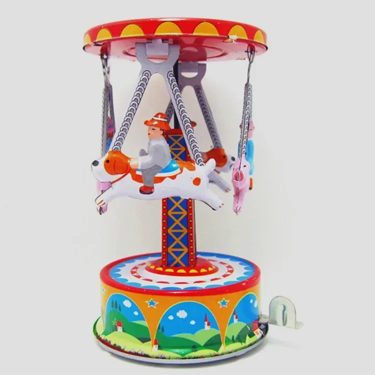 [Funny Adult Collection Retro Wind up toy Metal Tin amusement park carousel Rotating animal Mechanical Clockwork toy figure gift