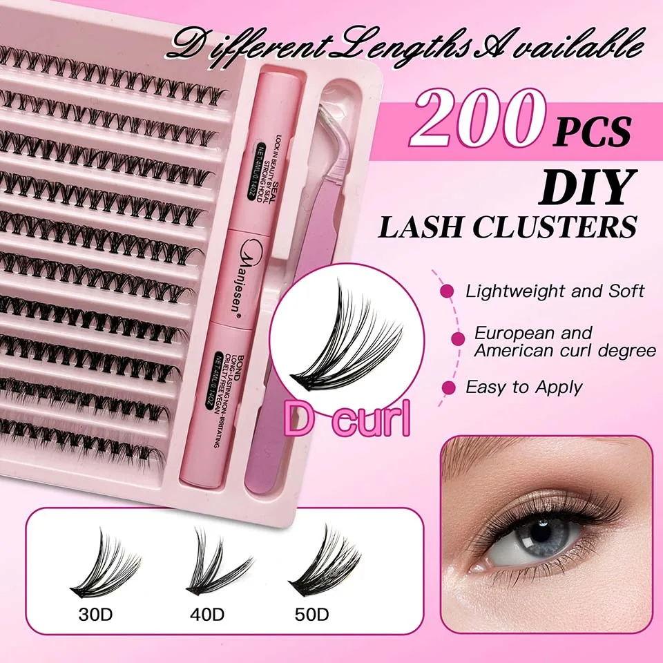 DIY Lashes Extension Kit Eyelashes 200 PCS Clusters Lash Bond and Seal Makeup Tools for Gluing Lashes Gluing Glue Accessories