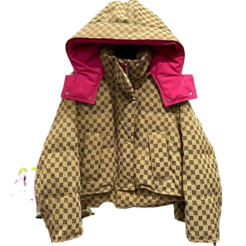 

New Winter Removable Hat Down Jacket Women's Short European Tide Brand Letter Jacquard Color Matching Loose Coat Age Reduction