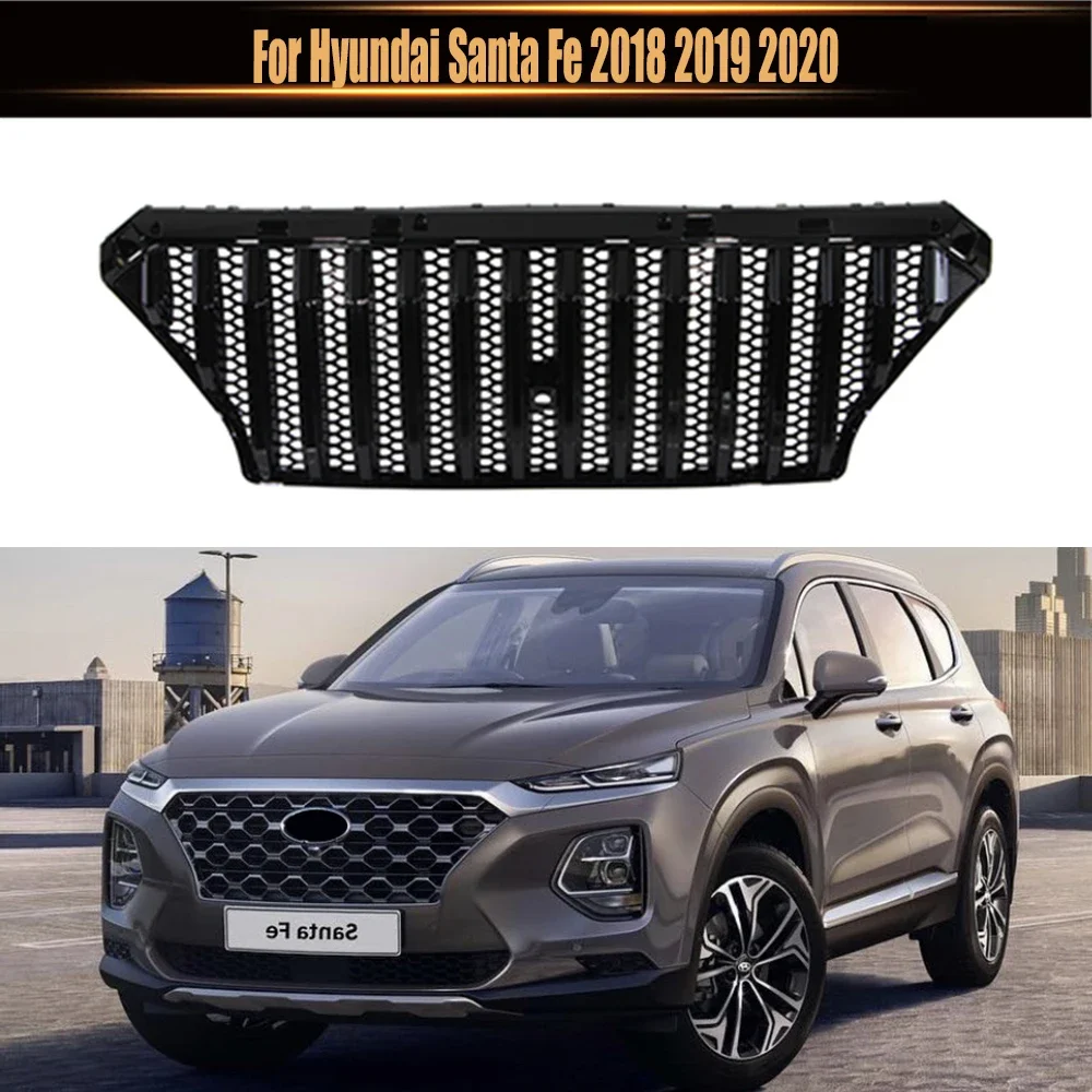 

For Hyundai Santa Fe 2018-2020 Grill Hood Mesh Racing Grills Suv korea Auto Parts Gloss Black Chrome ABS Bumper Grille