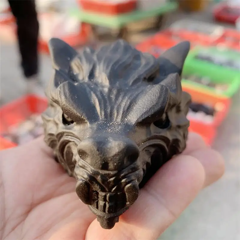 

Натуральный черный кварц с головой волка, резной орнамент для исцеления фэншуй, изготовление ювелирных изделий, украшение для дома, подарок, 1 шт.