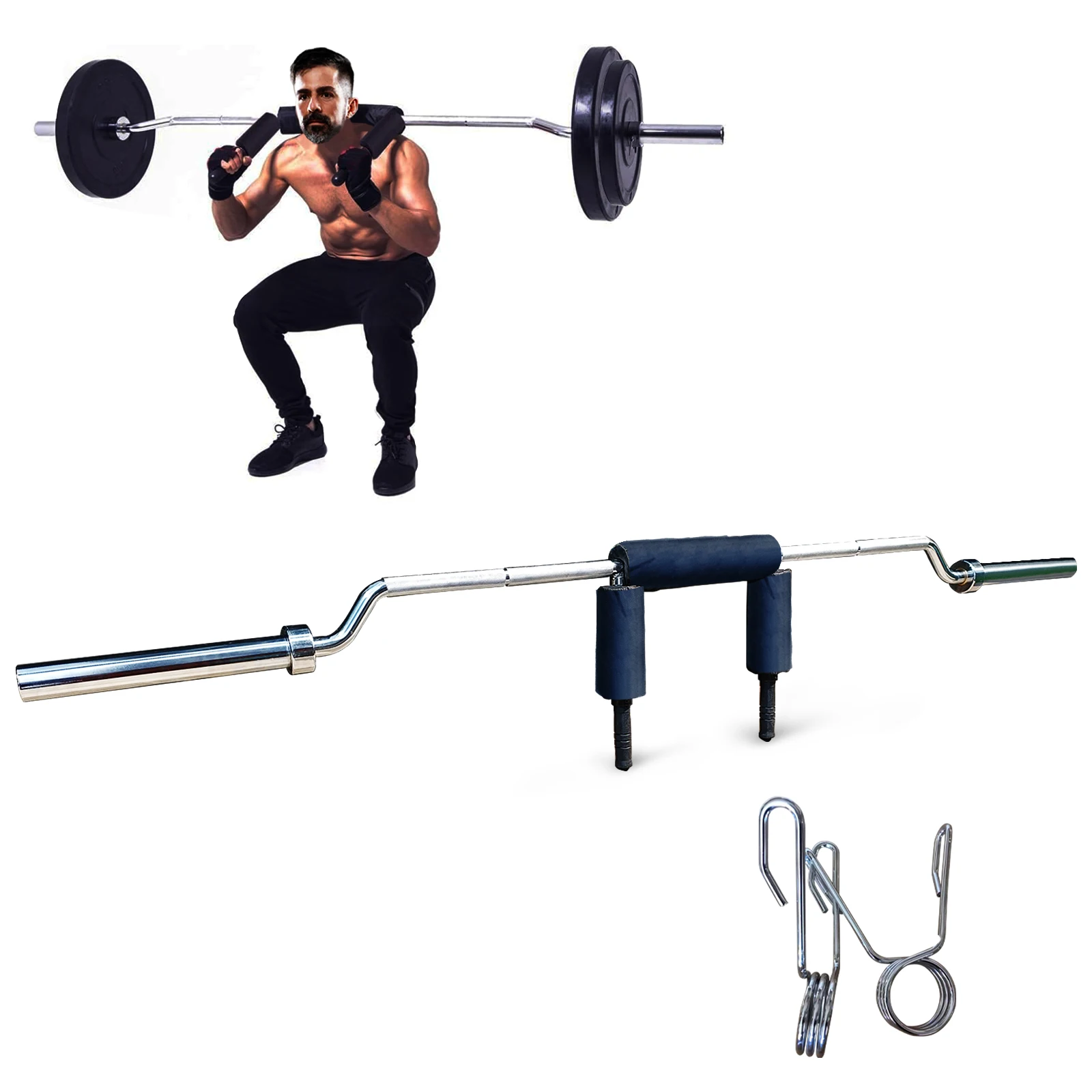 Barra de Sentadillas de Seguridad de 700 LB, Barra de Sentadillas de Acero para Fitness con 2 Clips para Barra, Almohadilla para Cuello y Hombros, Barras de Entrenamiento de Fuerza para Discos de 2 Pulgadas