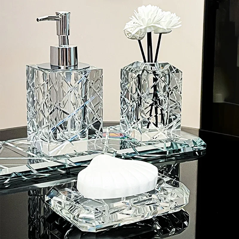 Light Luxury Crystal Bathroom Accessories High End Hotel Cutting Style Glass Toothbrush Holder Home Lotion Bottle Storage Tray